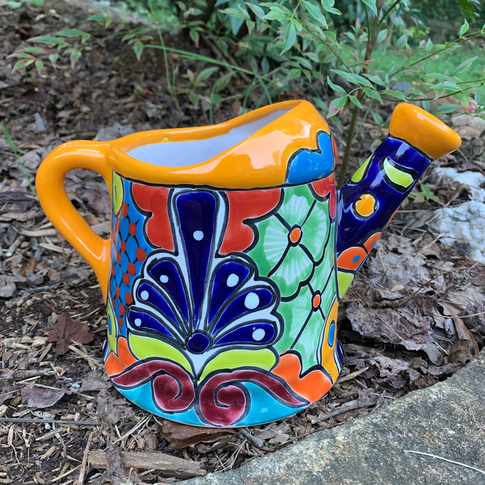 Mexican Talavera watering can planting pot Amarillo two 