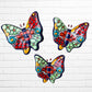 Three colorful talavera butterfly wall art pieces with blue and traditional multicolor patterns, 