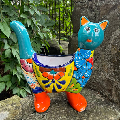 Mexican Talavera Pottery Cat Gato Planter Turquoise Front
