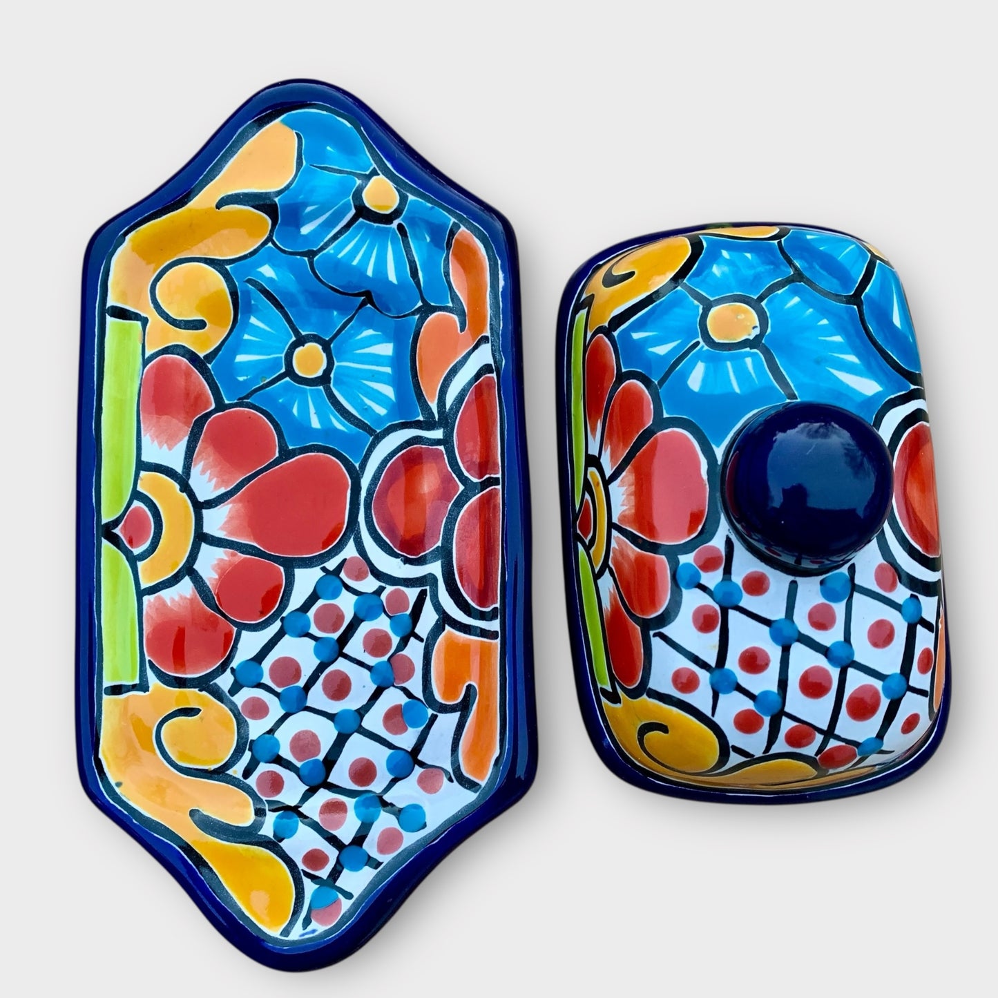Mexican Talavera Butter dish two pieces separately shown in cobalt blue