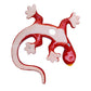 A colorful Talavera ceramic wall salamander lizard art piece with a glossy finish, featuring a red head and tail with a patterned body, displayed against a white brick wall background, right side body view, back view with hanging hole. 