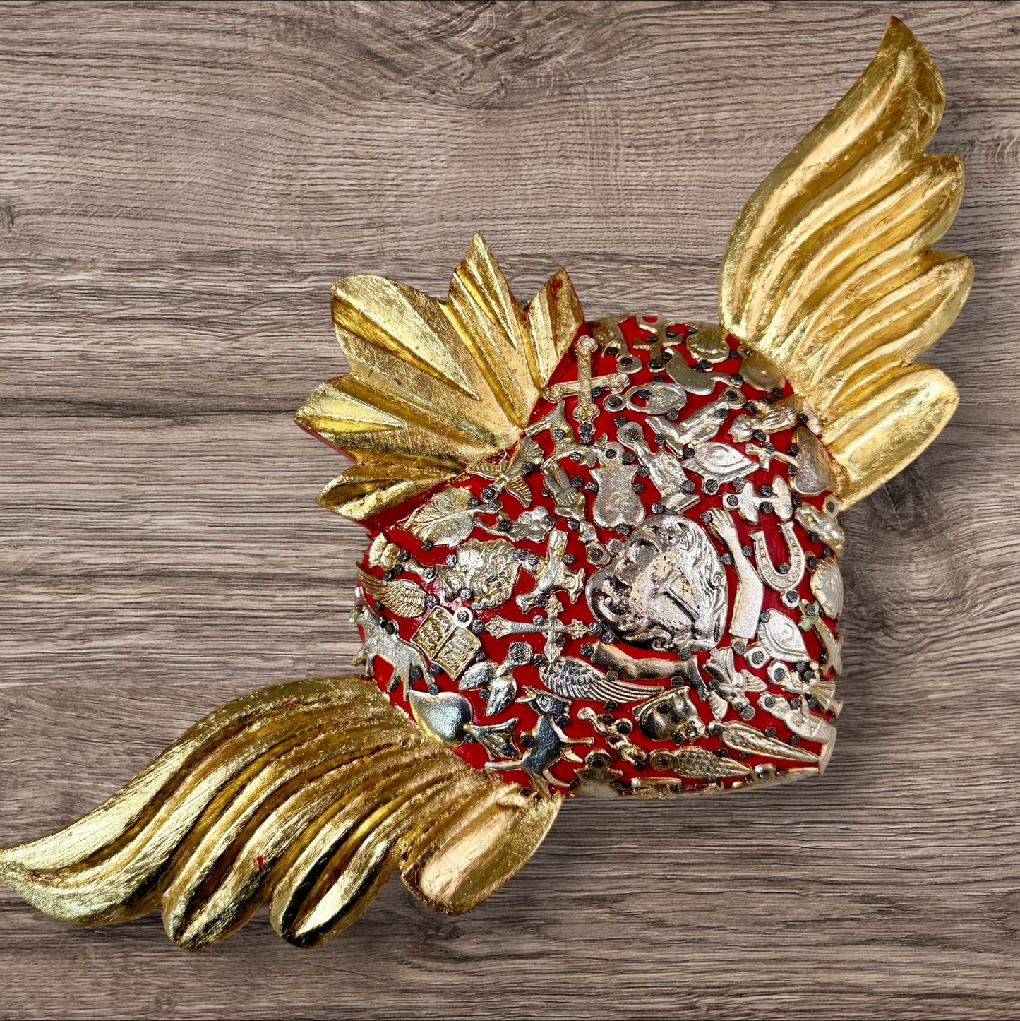 Winged Mexican Milagros Sacred Heart wood wall art