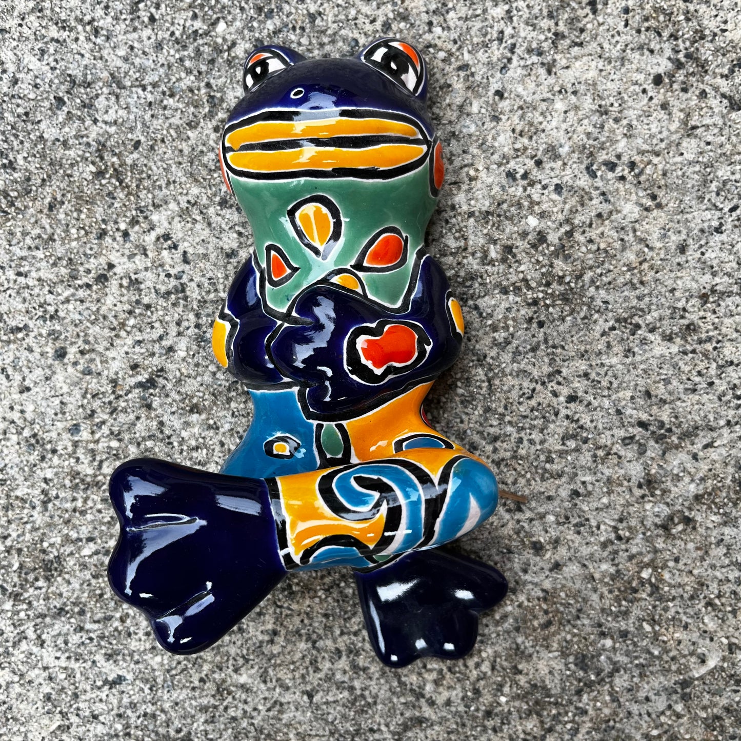 Mexican Talavera, silly dancing, frog blue