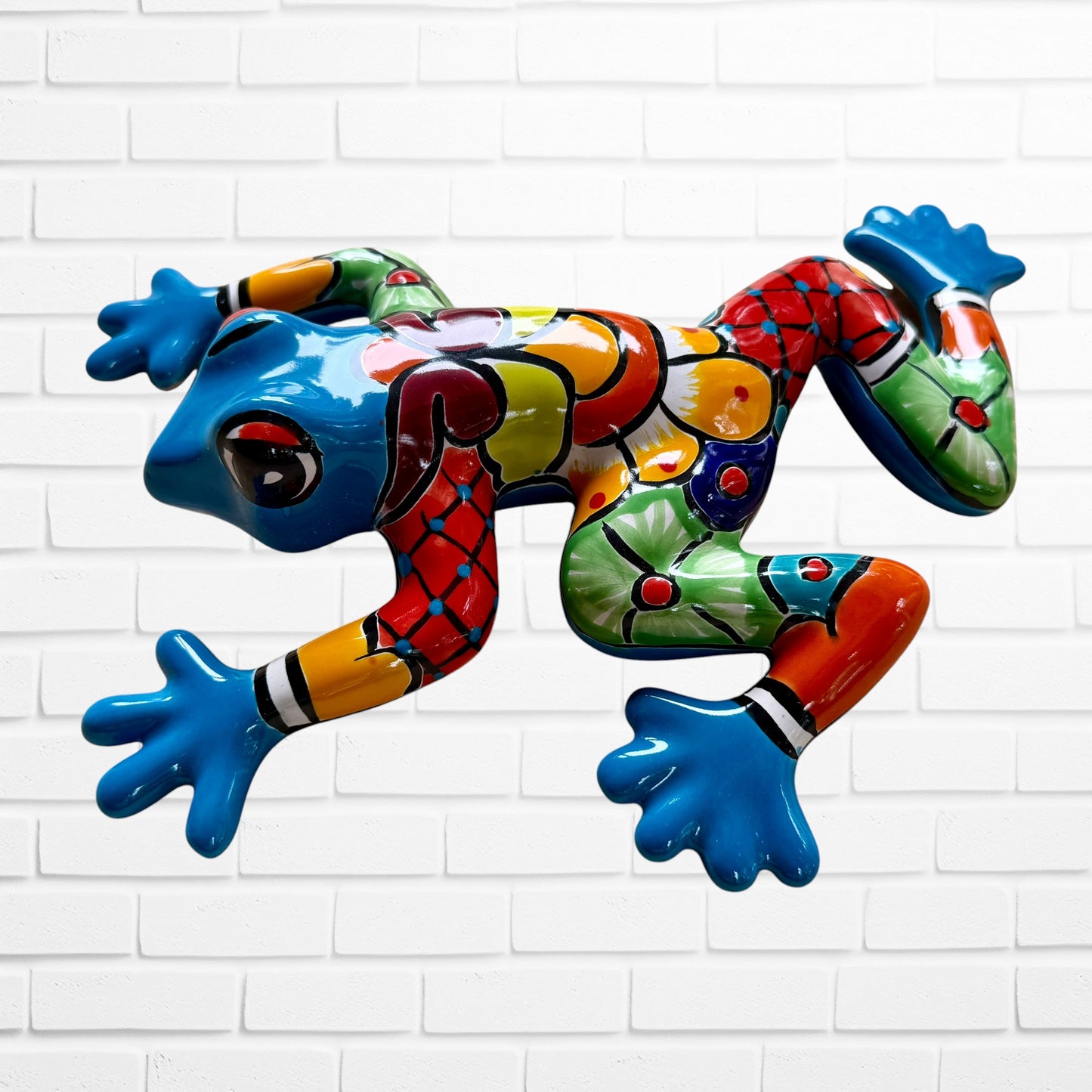 Turquoise Mexican Talavera wall frog right side view