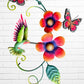 Decorative wall art with colorful flowers, a hummingbird, and butterflies on a white brick background center