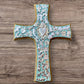 Milagros decorated wood cross teal with heart center 