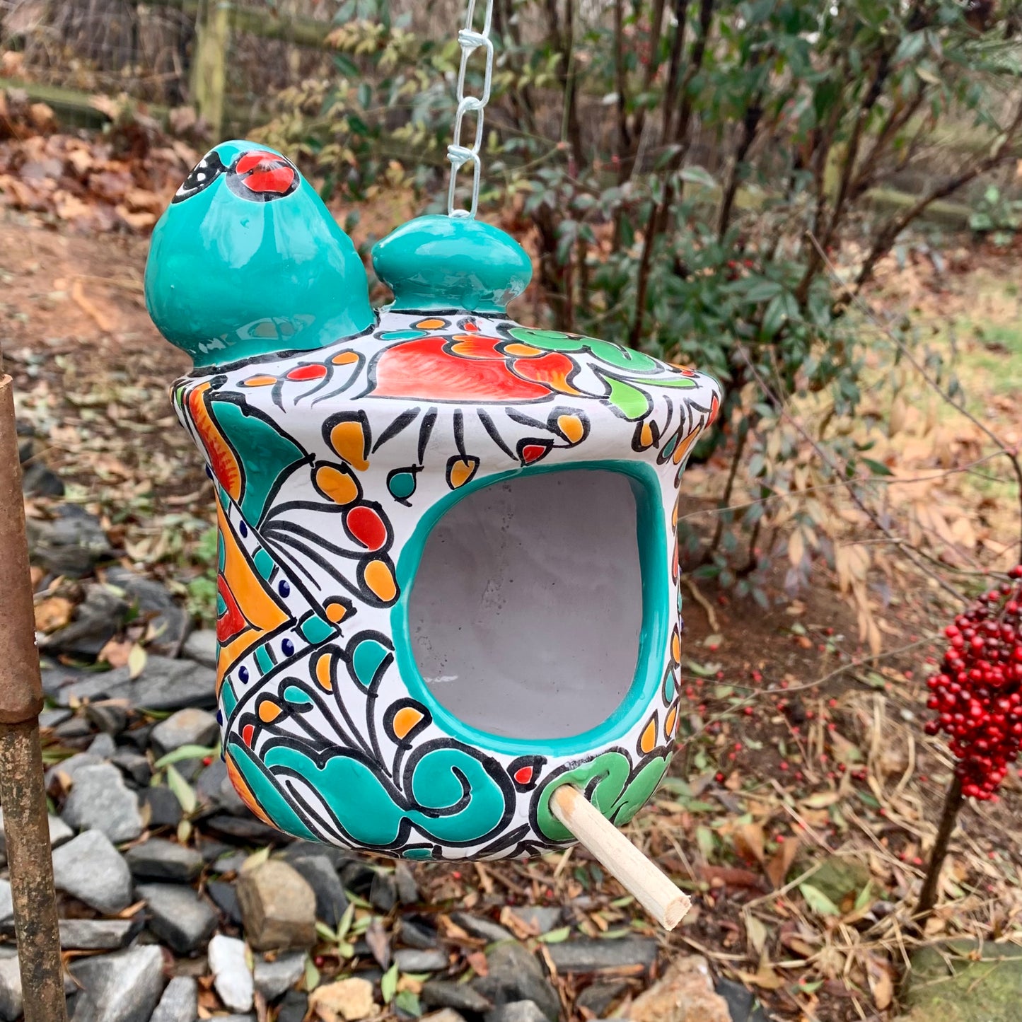 Mexican talavera birdhouse cottage in teal