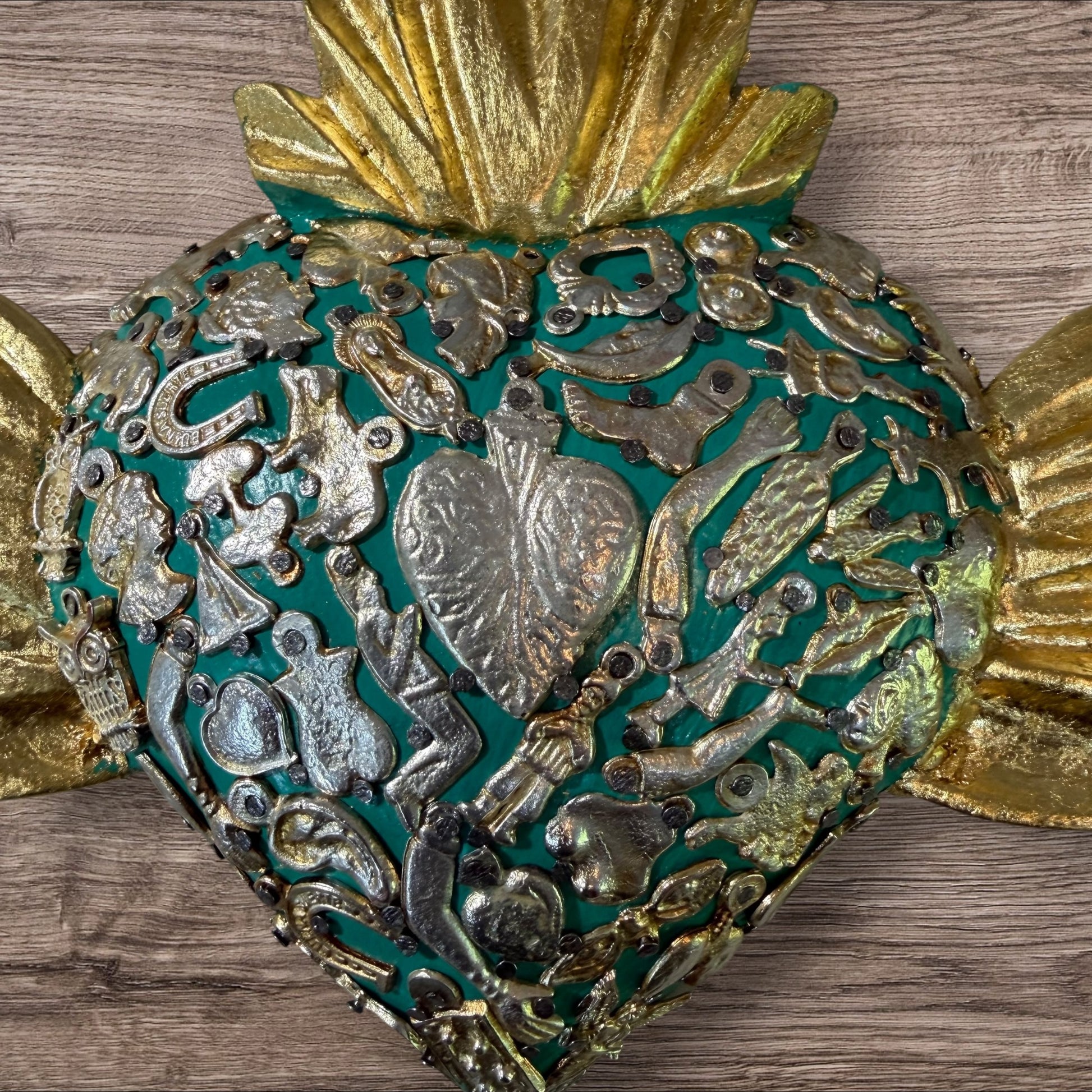 Winged Mexican Milagros Sacred Heart wood wall art Center