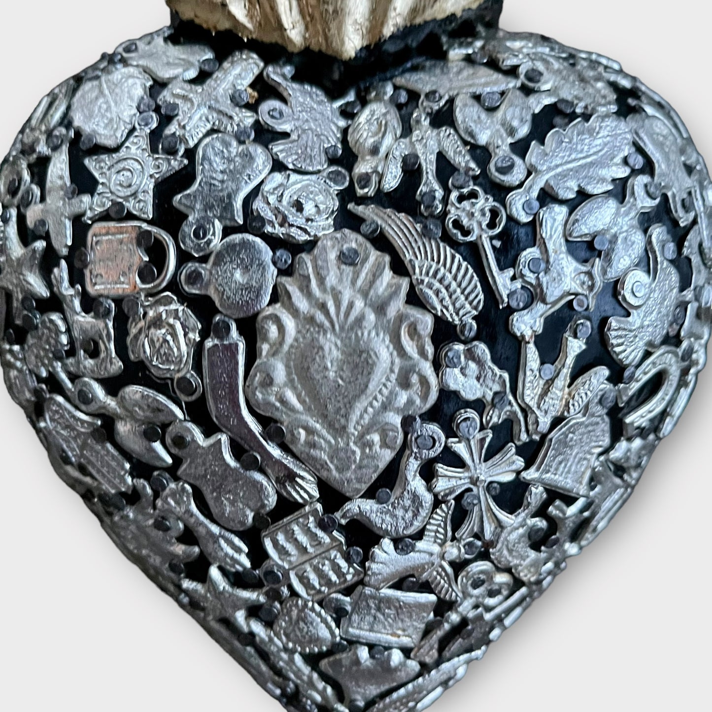 Mexican Wood Milagros charm Heart Corazon close up