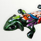Mexican Talavera wall mounted iguana in dark green with multicolor designs face.