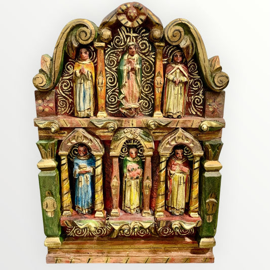 Mexican wood red table with Catholic Saints in Niches