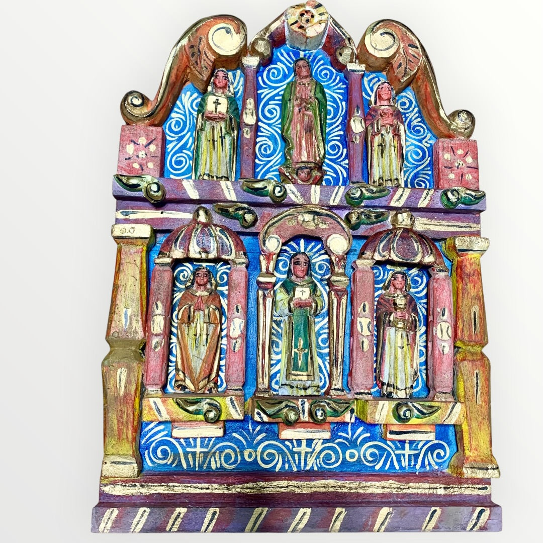 Mexican wood red table with Catholic Saints in Niches