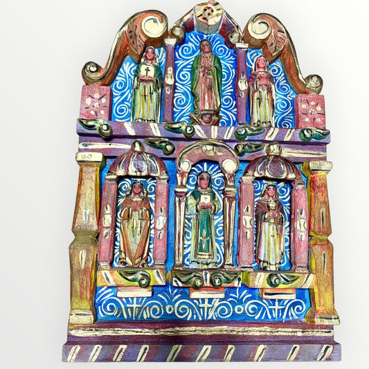 Mexican wood red table with Catholic Saints in Niches