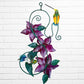 Decorative wall art with purple flowers and colorful hummingbirds on a white brick background back with hanging hook