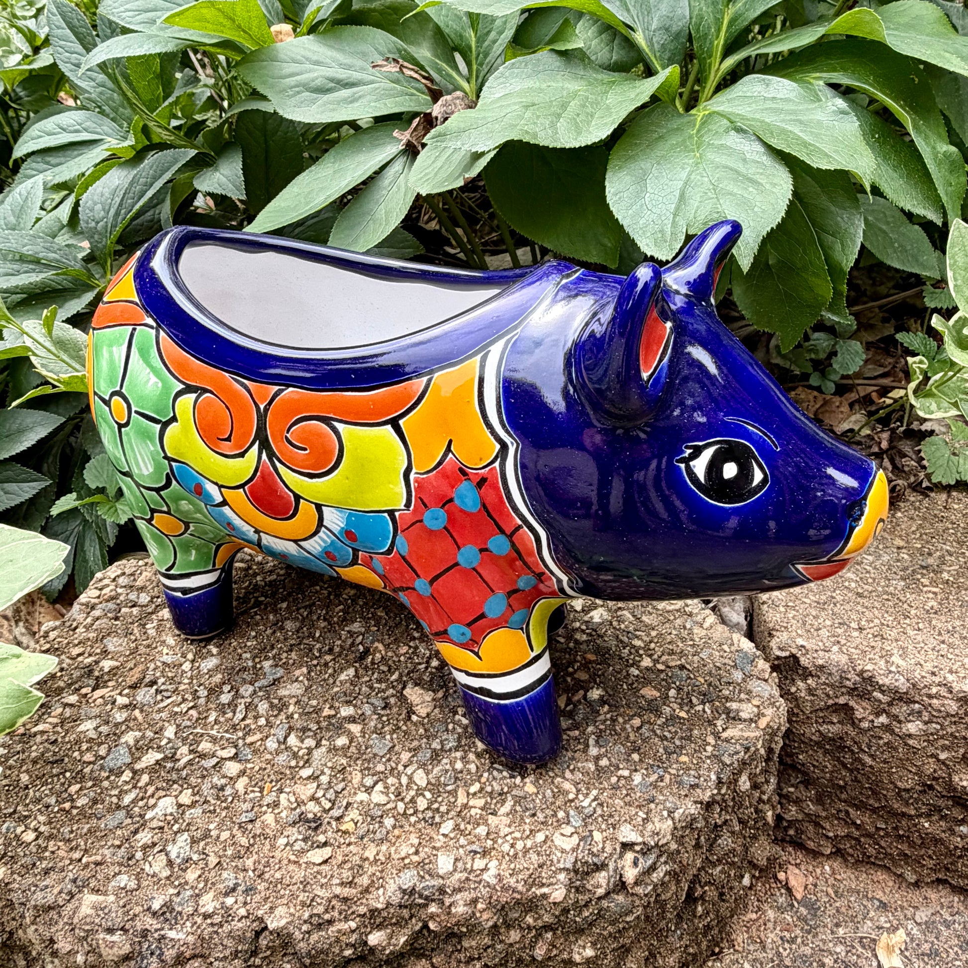 Colorful Talavera ceramic pig planter on a stone surface with green plants in the background
