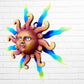 A whimsical sun wall sculpture with big blue eyes, a smiling face, and vibrant, right angle,
