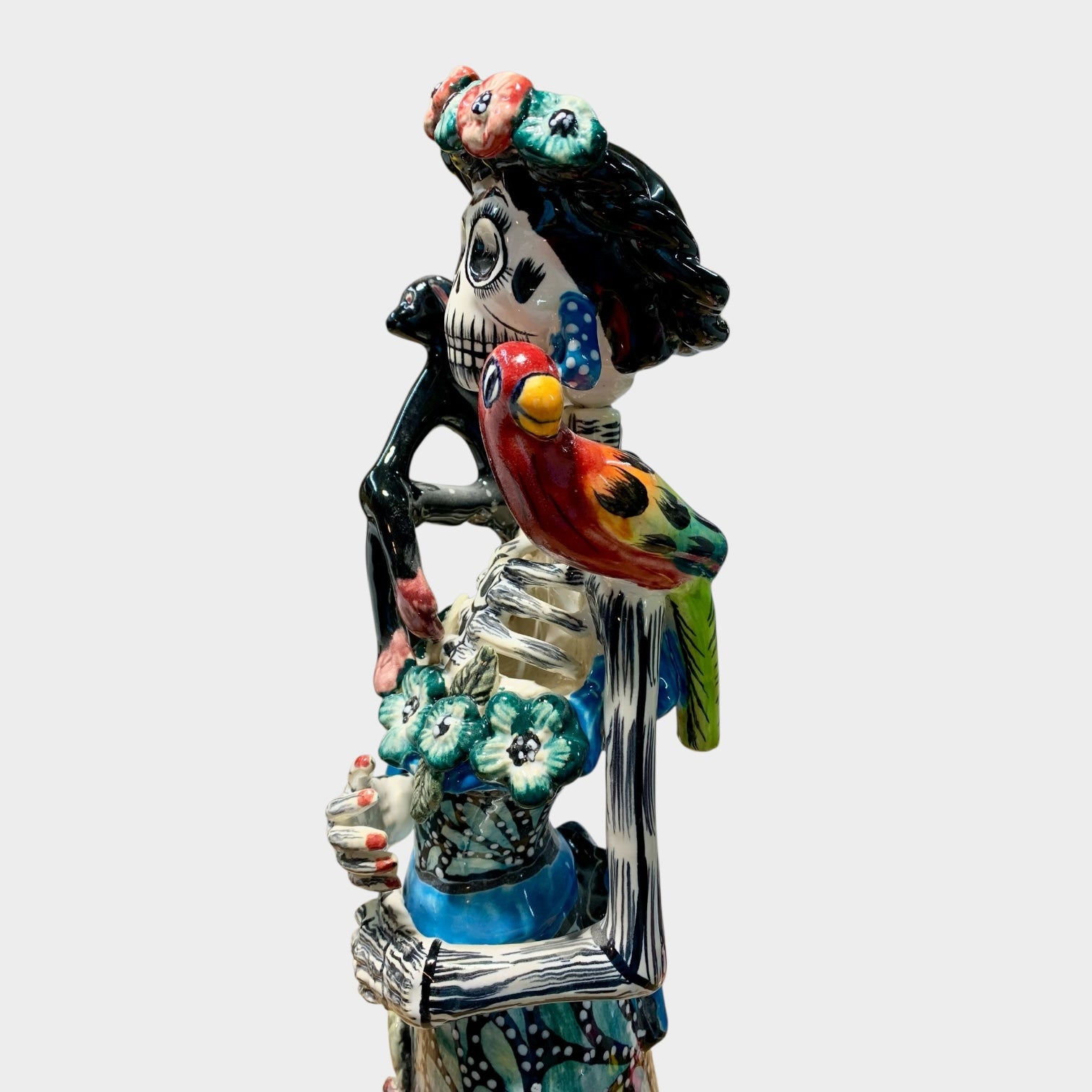 Mexican Talavera Frida, and animal friends Catrina doll parrot on shoulder