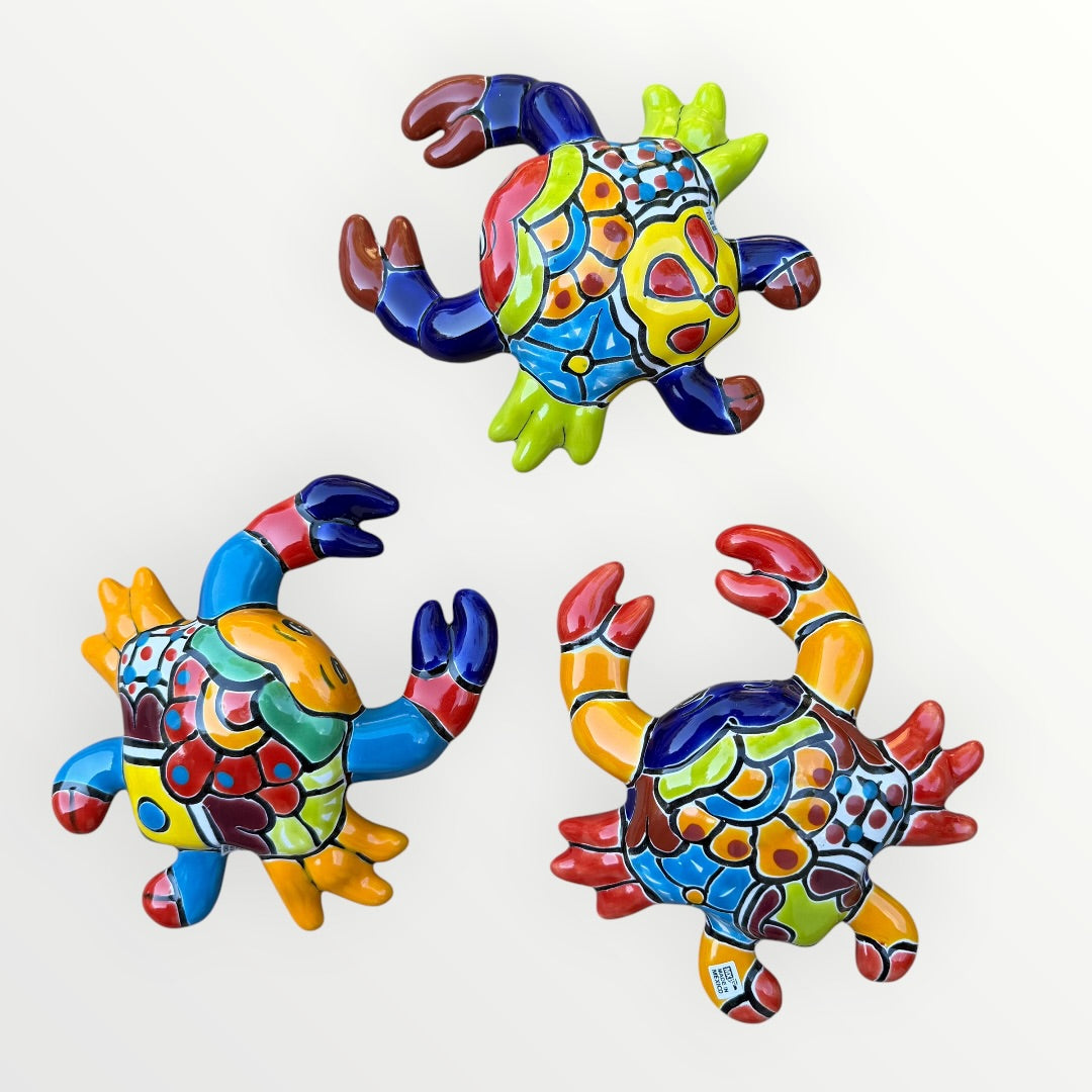 Mexican Talavera, colorful Crab wall set of three.