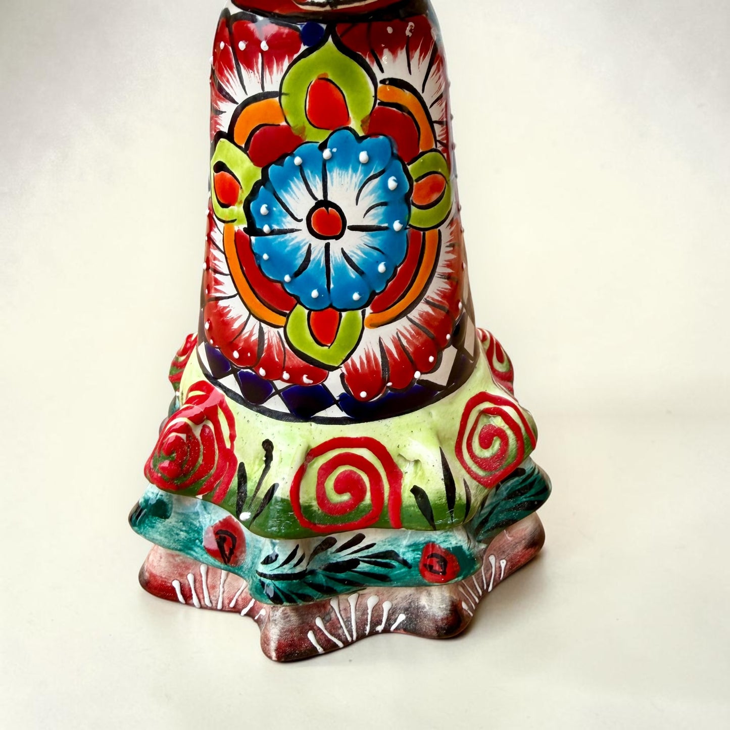 A colorful hand-painted talavera Day of the Dead (Día de los Muertos) skeleton figurine wearing a wide-brimmed sombrero and a floral dress, set against a plain off-white background. This is a photo of the ruffle at the bottom of her dress.