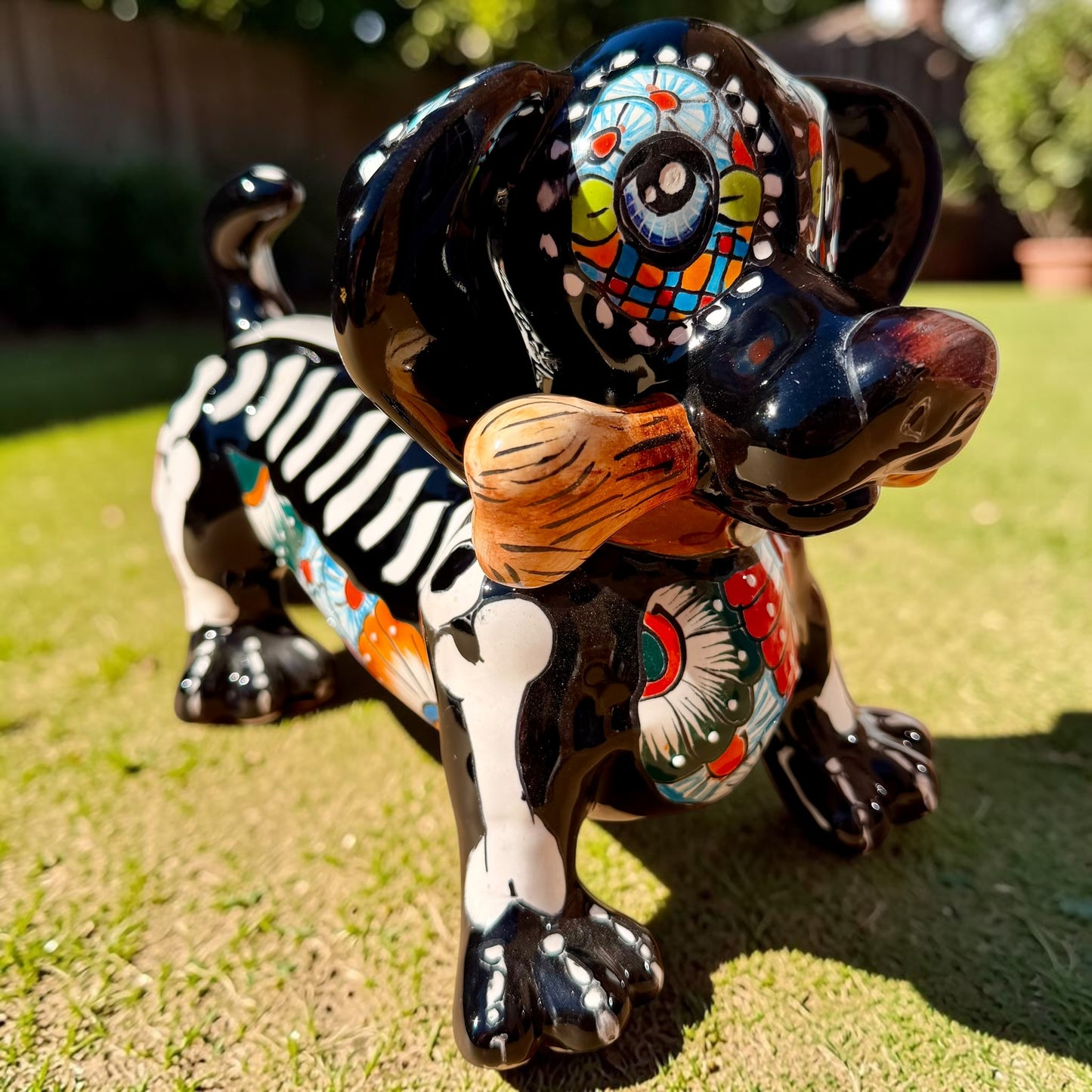 A glossy black talavera day of the dead dachshund figurine decorated with colorful  patterns and hand-painted bones, holding a brown bone in its mouth, set on a green grass lawn.