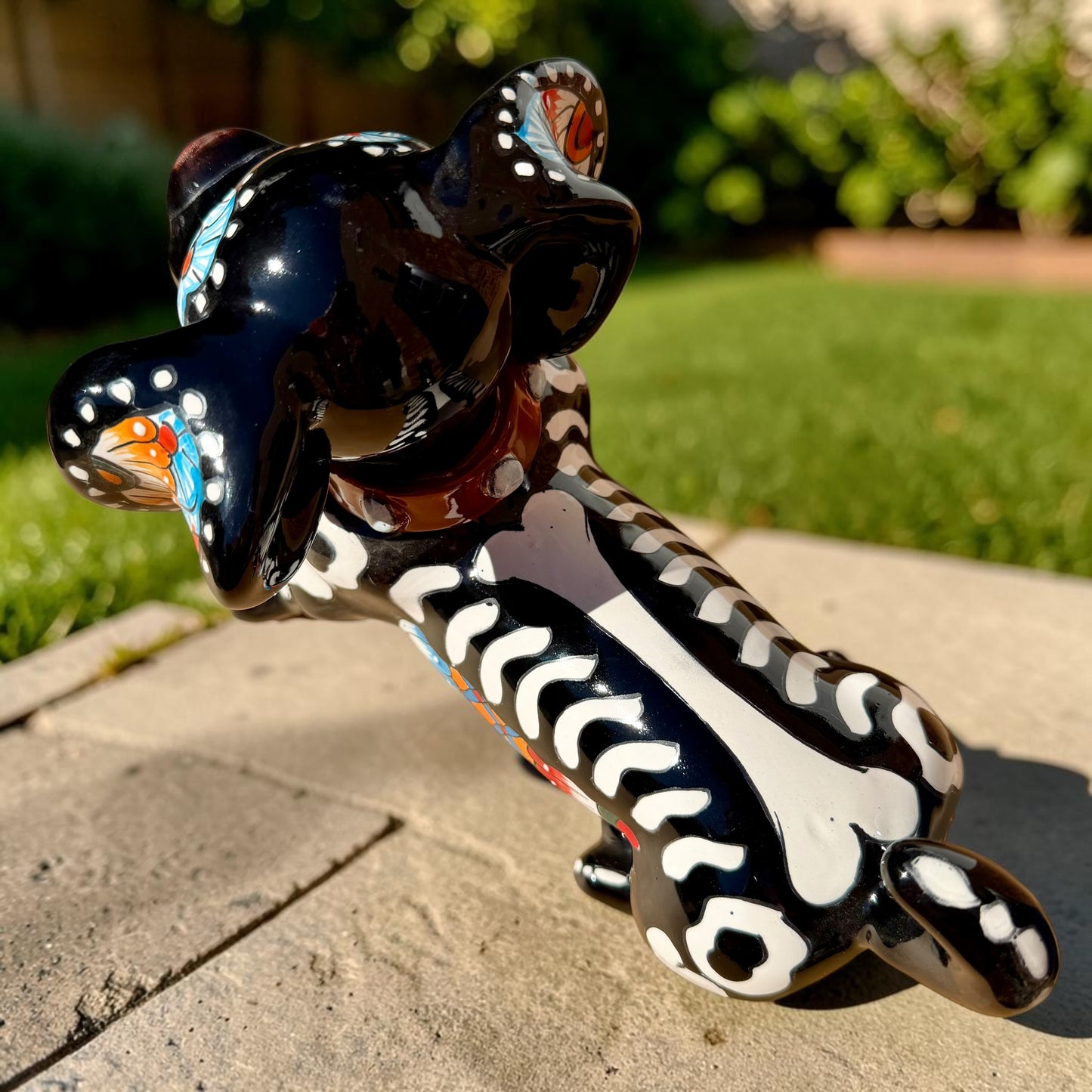 A glossy black talavera day of the dead dachshund figurine decorated with colorful  patterns and hand-painted bones, holding a brown bone in its mouth, set on a green grass lawn. View of the top showing back bonel