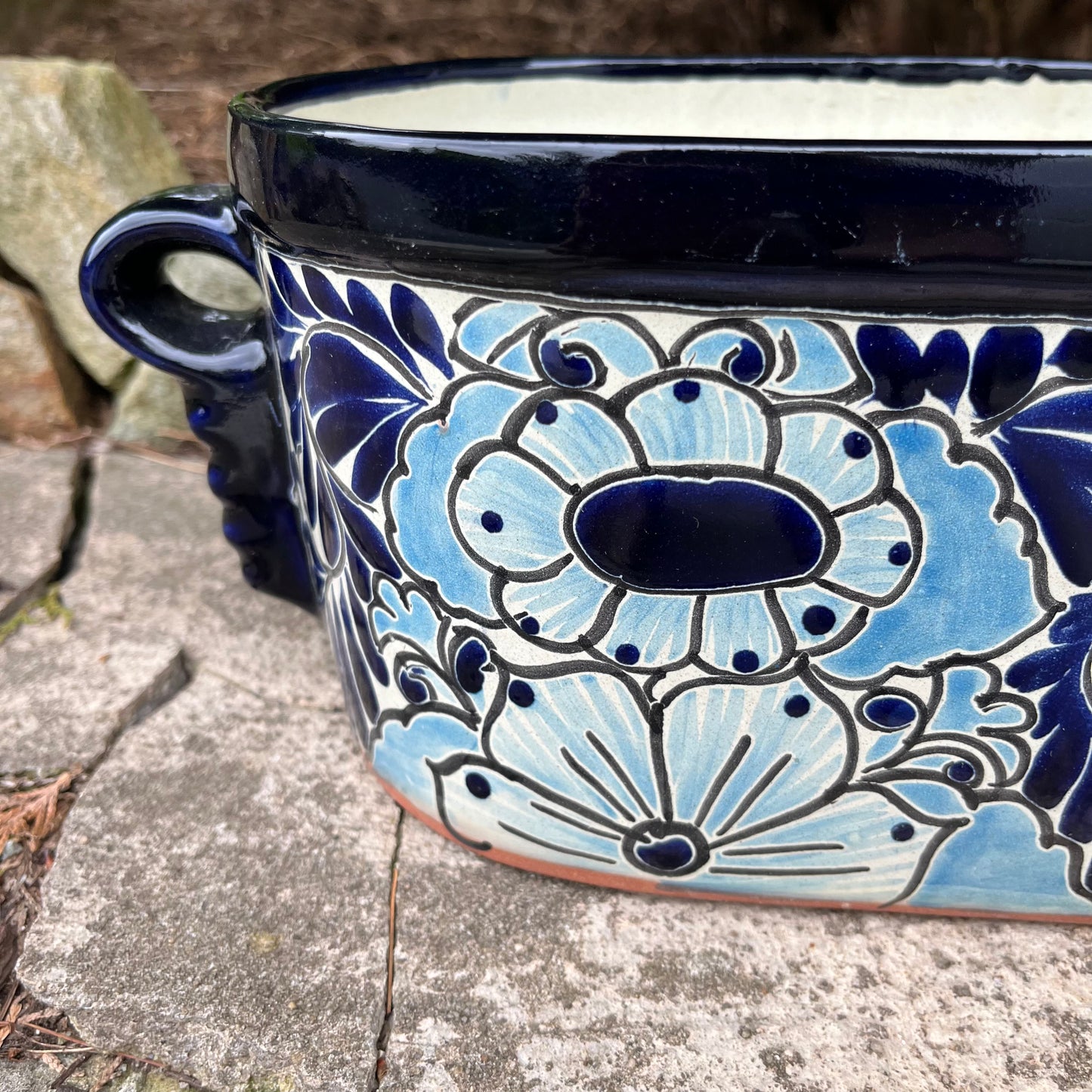 Mexican Talavera Jardinere Oval Planting Pot Front View Blue and White Handle