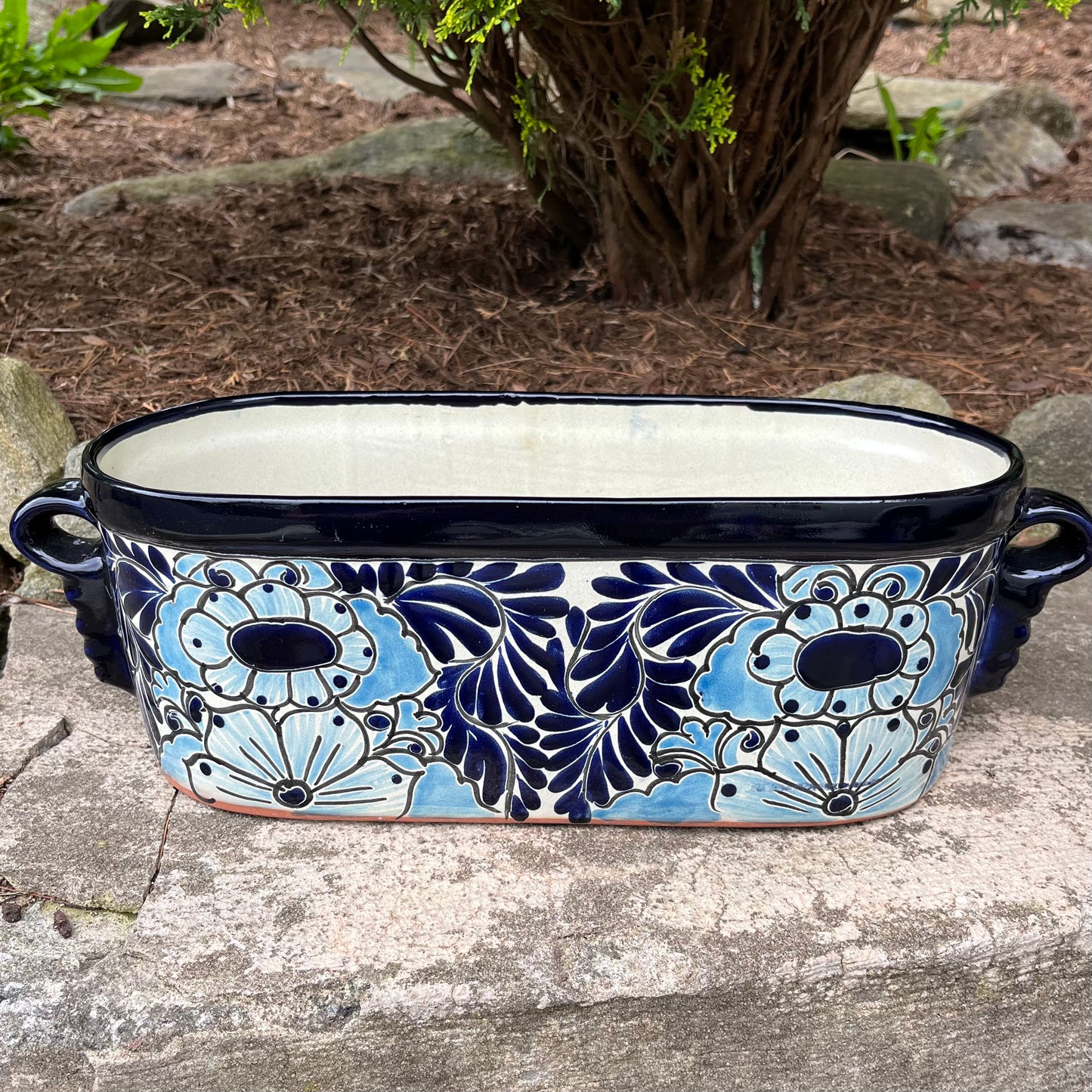 Mexican Talavera Jardinere Oval Planting Pot Front View Blue and White