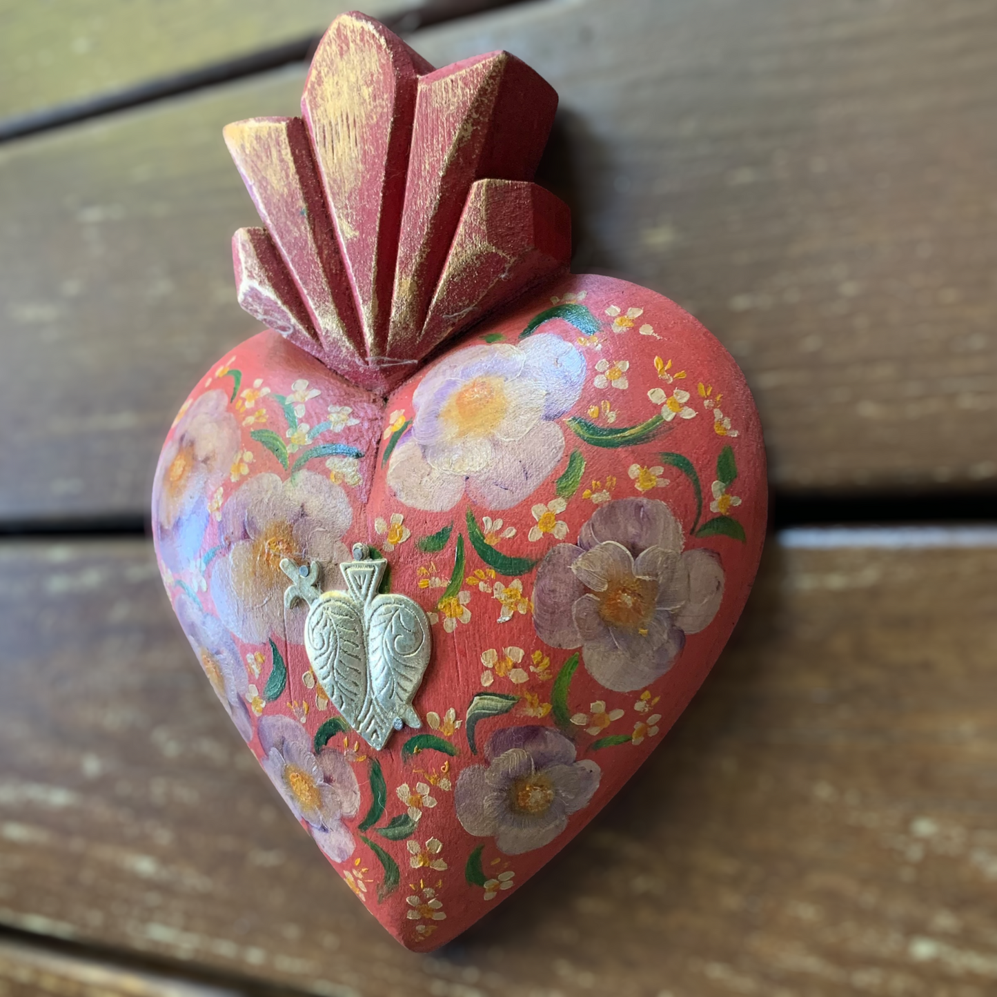 Mexican Wood Folk Art painted Heart with Milagros Charm