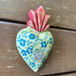 Mexican Wood Folk Art painted Heart with Milagros Charm