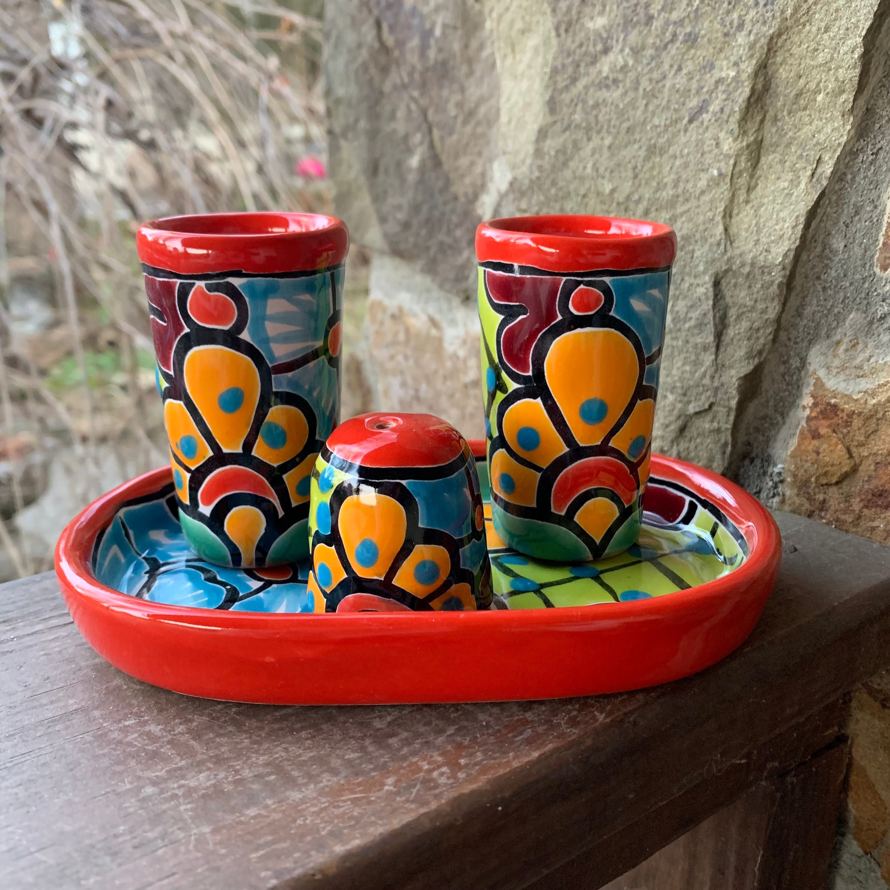 Rare Hand Painted Mexican Pottery Decanter Tequila factory Set 6 Cups Plus Salt Shaker.